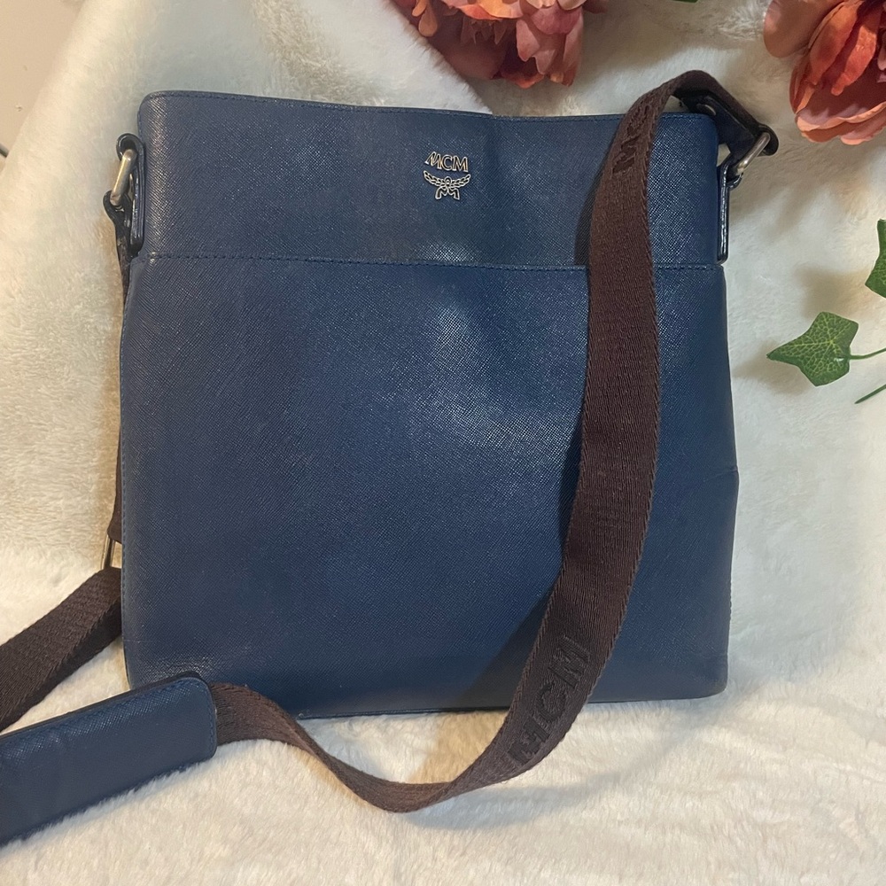 MCM Leather Saffiano Blue Crossbody Bag
